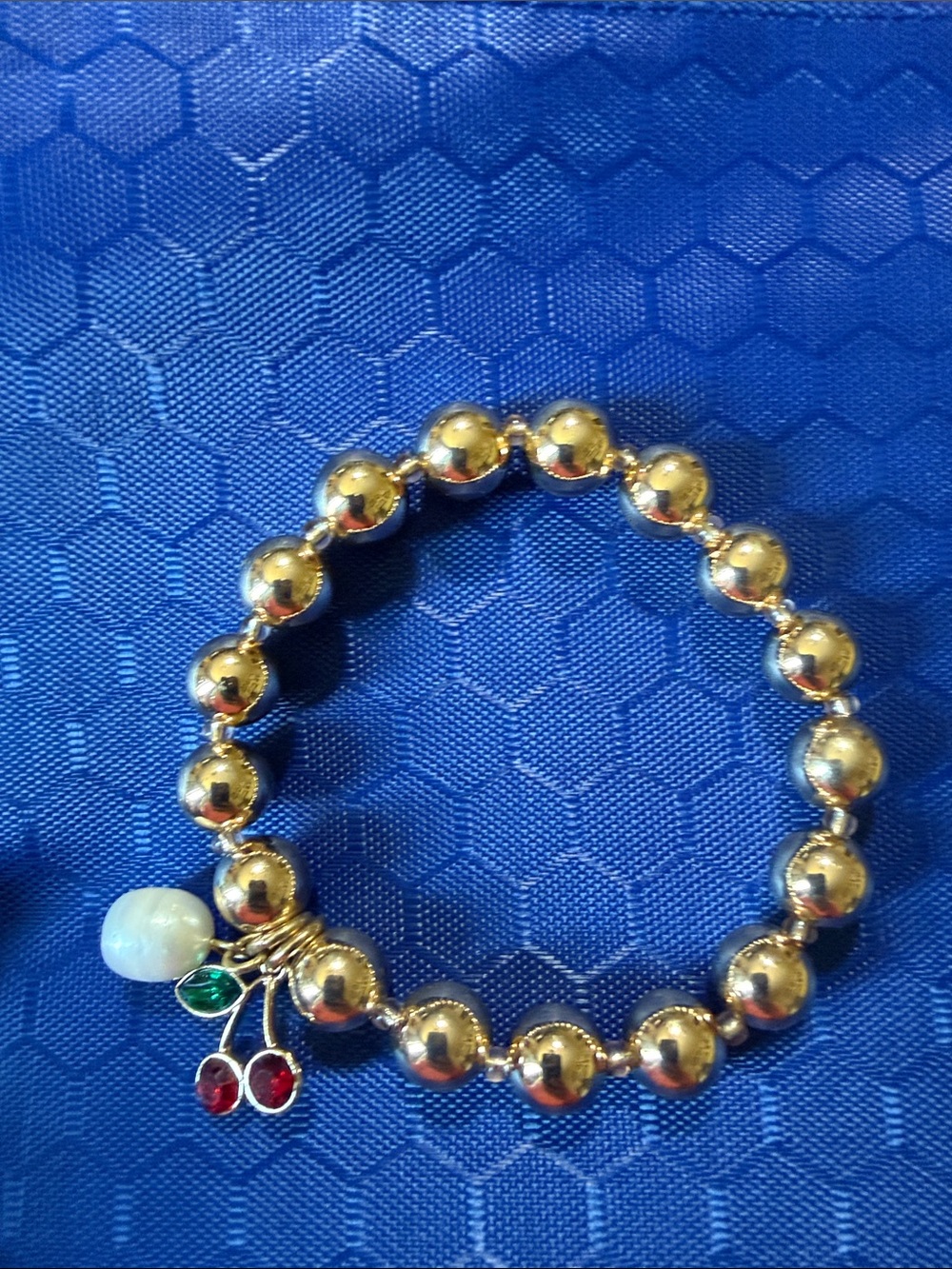 Parklane Tart Bracelet Gold Bead Stretch Bracelet with Cherry and Pearl Charms